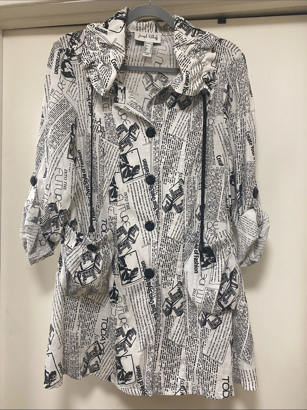 Joseph Ribkoff Black and White Newsprint Hooded Trench Coat
